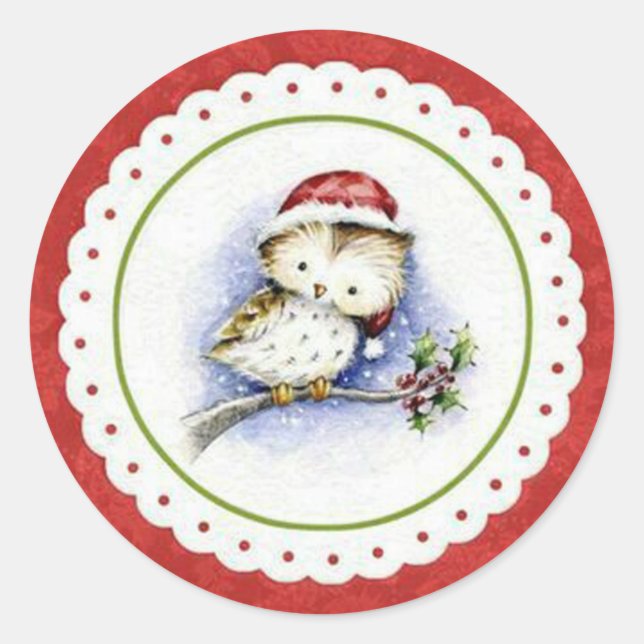 Little Owl Wearing Christmas Cap in Snowfall Classic Round Sticker (Front)
