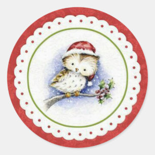 Little Owl Wearing Christmas Cap in Snowfall Classic Round Sticker