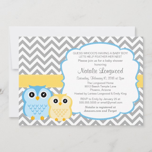 Little Owls Baby Shower Invitation, boy Invitation (Front)