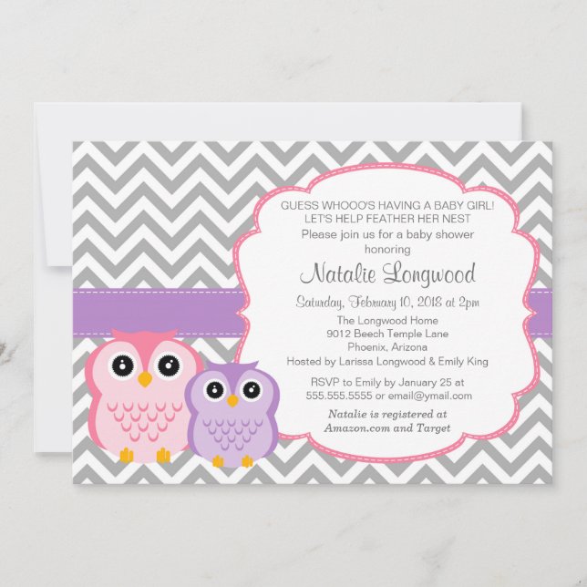 Little Owls Baby Shower Invitation, girl Invitation (Front)