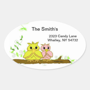 Little Owls on a Branch Oval Sticker