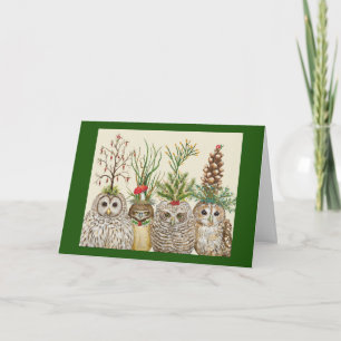 Little Owls with Holiday hats Folded Greeting Card