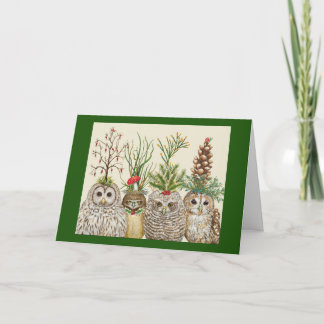 Little Owls with Holiday hats Folded Greeting Card