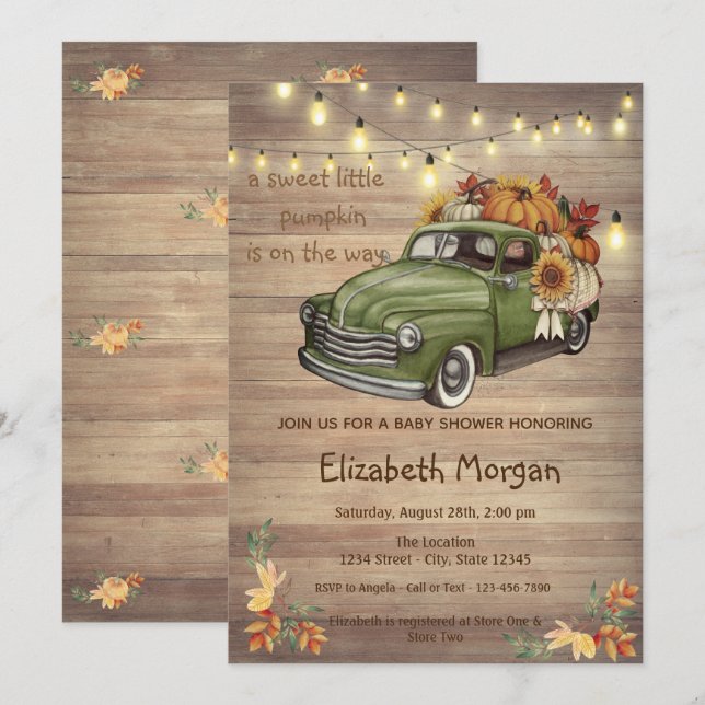 Little Pampkin,Wood Truck Sunflowers Baby Shower  Invitation (Front/Back)
