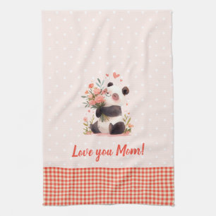 Little Panda Holding Flowers Mothers Day Gift Tea Towel