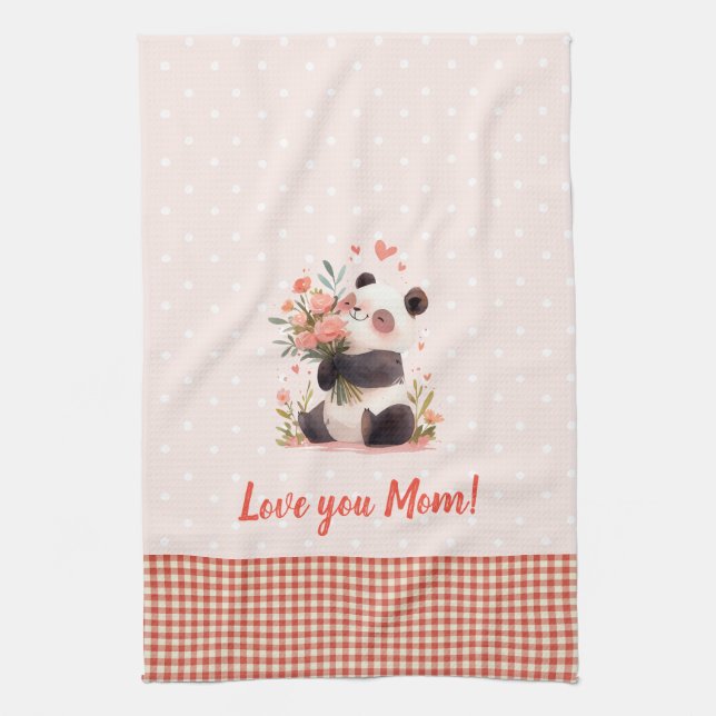 Little Panda Holding Flowers Mothers Day Gift Tea Towel (Vertical)