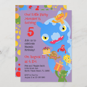 Little Party Monster and confetti Birthday Party Invitation