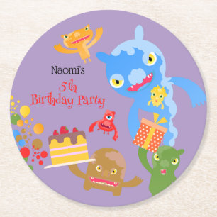 Little Party Monster and confetti Birthday Party Round Paper Coaster