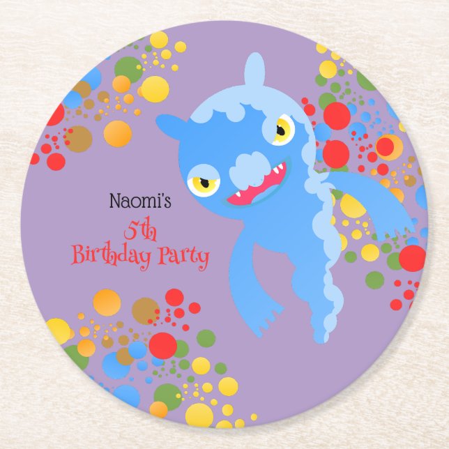 Little Party Monster and confetti Birthday Party Round Paper Coaster (Front)