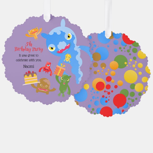 Little Party Monster and confetti Birthday Party Tree Decoration Card (Front/Back)