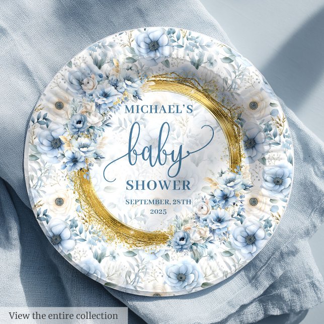 Little pastel blue flowers gold boho watercolor  paper plate (Little pastel blue flowers gold boho watercolor Paper Plates)