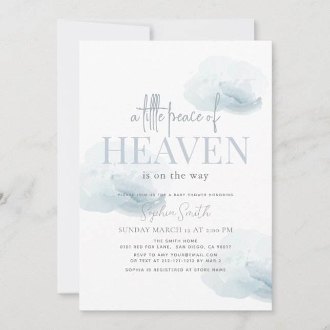 Little Peace of Heaven Boy Blue Cloud Baby Shower Invitation (Front)