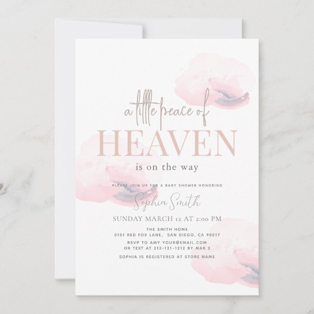 Little Peace of Heaven Girl Pink Cloud Baby Shower Invitation (Front)
