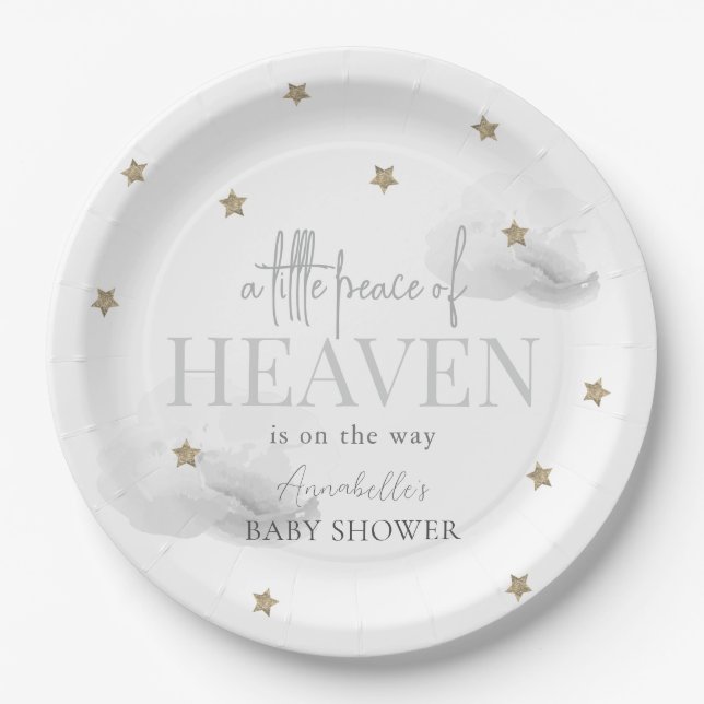 Little Peace of Heaven Grey Baby Shower Paper Plate (Front)