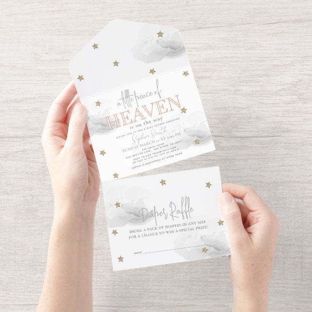 Little Peace of Heaven Grey Cloud Baby Shower Foil All In One Invitation (Tearaway)