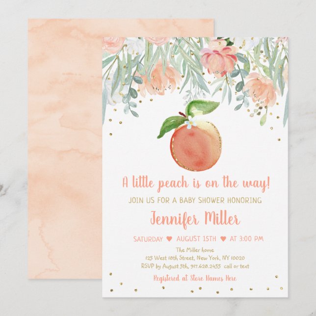 Little Peach Floral Gold Baby Shower Invitation (Front/Back)