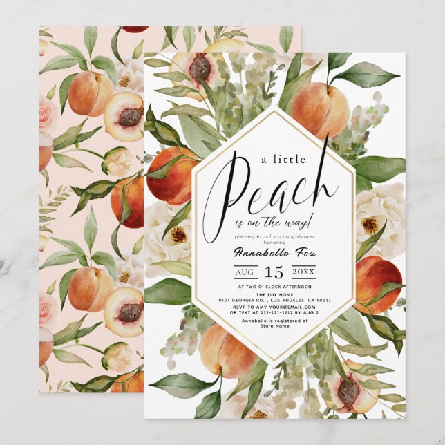 Little Peach Floral Watercolor Girl Baby Shower Invitation (Front/Back)