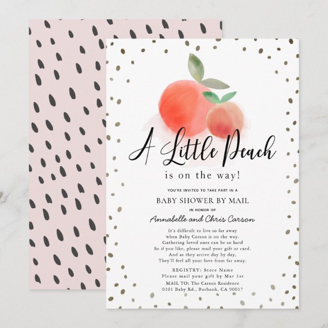 Little Peach Watercolor White Baby Shower by Mail Invitation (Front/Back)