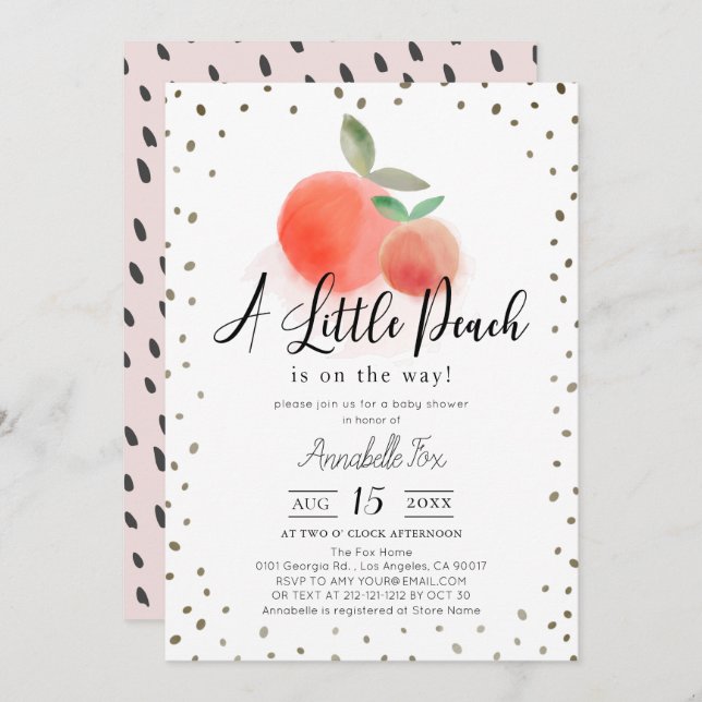 Little Peach Watercolor White Baby Shower Invitation (Front/Back)