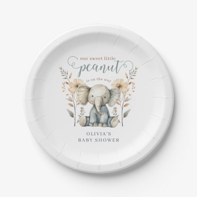 Little Peanut Baby Elephant Blue Baby Shower Paper Plate (Front)