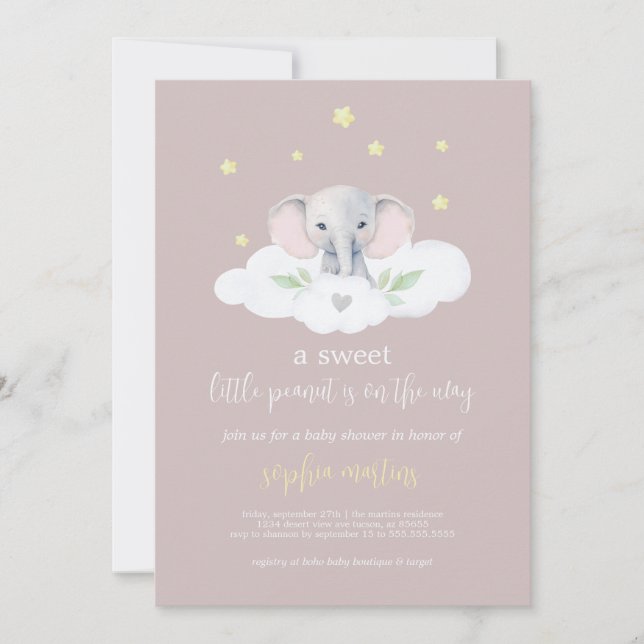 Little Peanut Baby Shower Invitation Pink Elephant (Front)