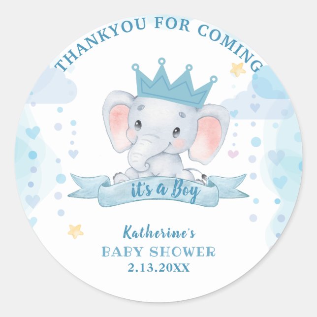 Little peanut blue crown elephant Boy Baby Shower  Classic Round Sticker (Front)