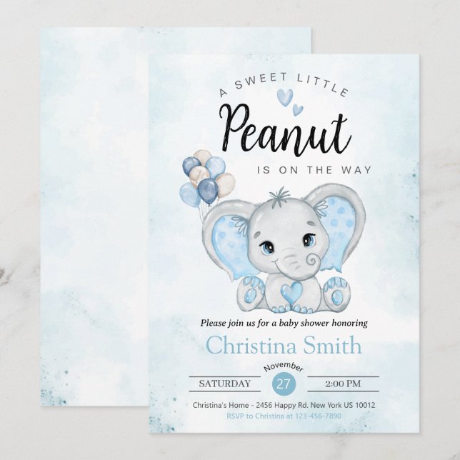 Little Peanut Blue Elephant Baby Boy Shower Invitation (Front/Back)
