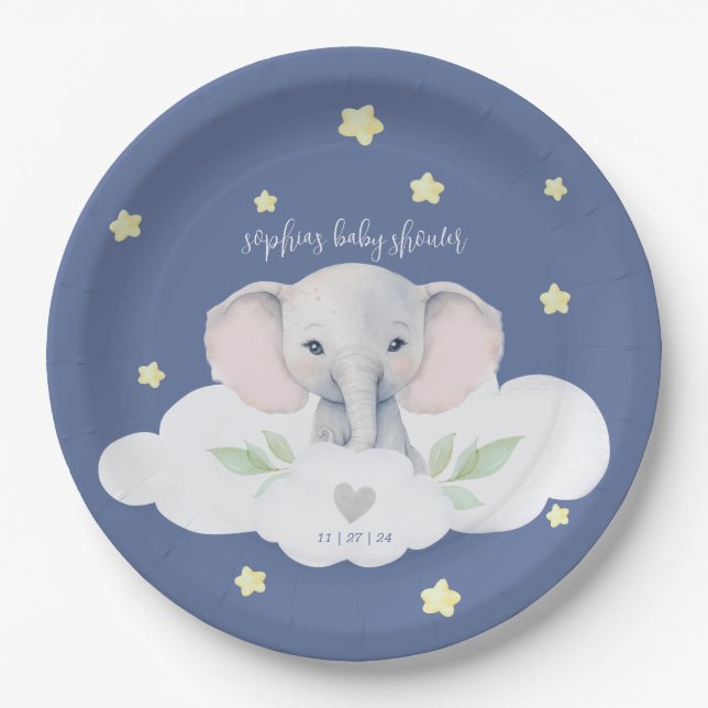 Little Peanut Boy Baby Shower Blue Elephant Paper Plate (Front)