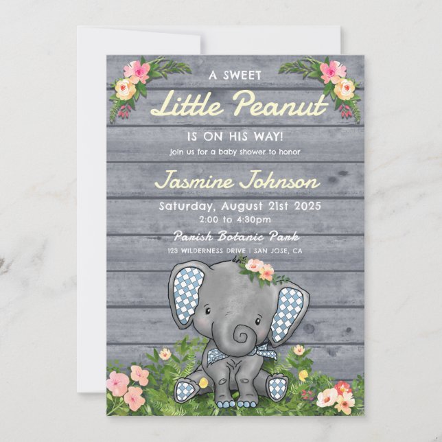 Little Peanut Boy Elephant Floral Rustic Wooden Invitation (Front)