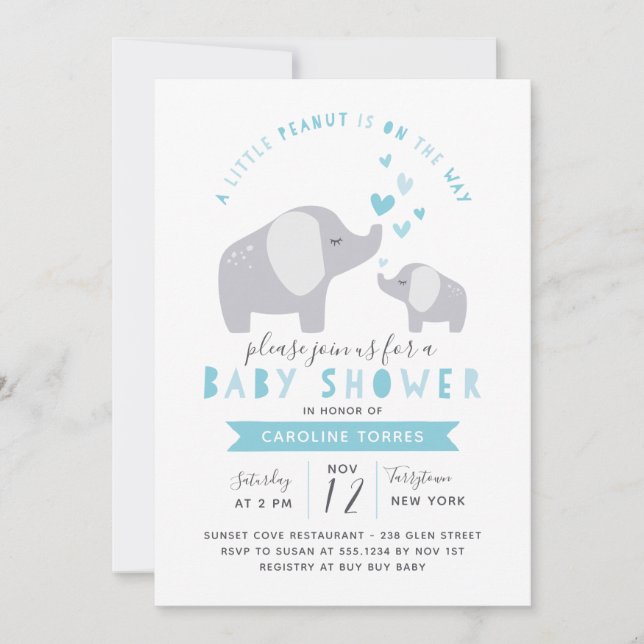 Little Peanut Elephant | Baby Shower | Blue Invitation (Front)