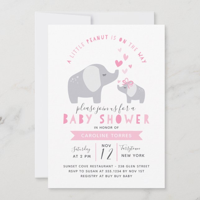 Little Peanut Elephant | Baby Shower | Pink Invitation (Front)