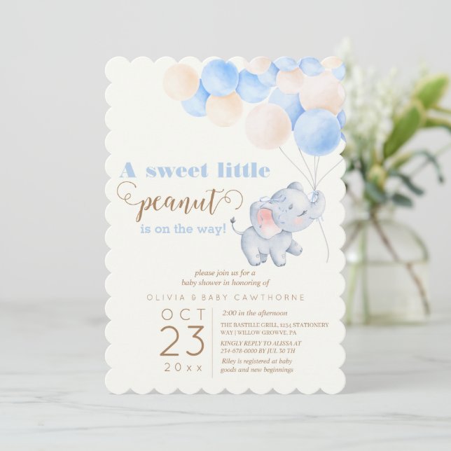 Little Peanut Elephant Balloons Baby Boy Shower Invitation (Standing Front)