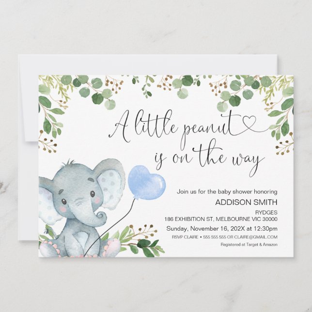 Little Peanut Elephant Blue Ballon Baby Shower Invitation (Front)