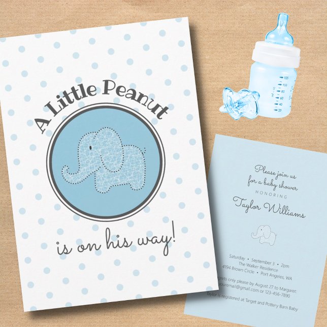 Little Peanut Elephant Blue Simple Baby Boy Shower Invitation (Creator Uploaded)