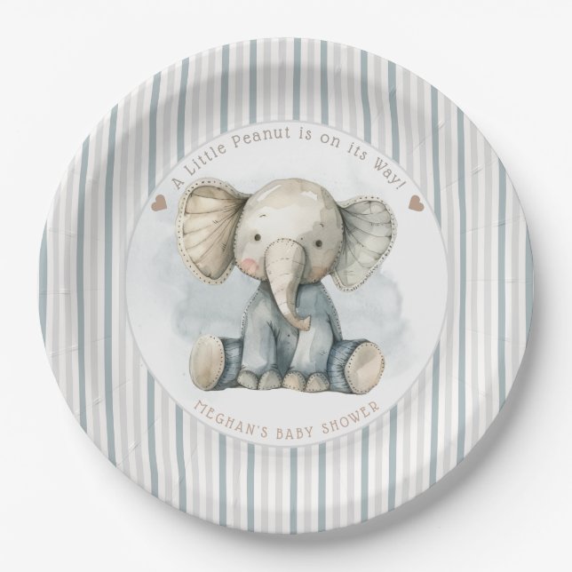 Little Peanut Elephant Blue Striped Baby Shower Paper Plate (Front)