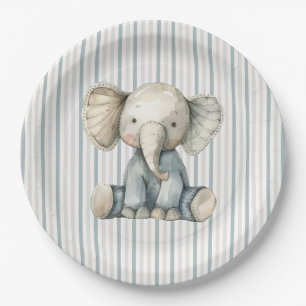 Little Peanut Elephant Blue Striped Baby Shower Paper Plate