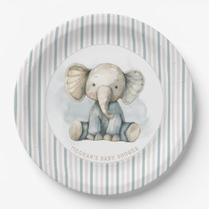 Little Peanut Elephant Blue Striped Baby Shower Paper Plate
