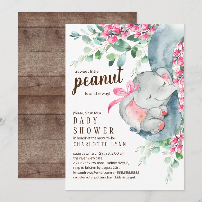 Little Peanut Elephant Girls Baby Shower Invitation (Front/Back)