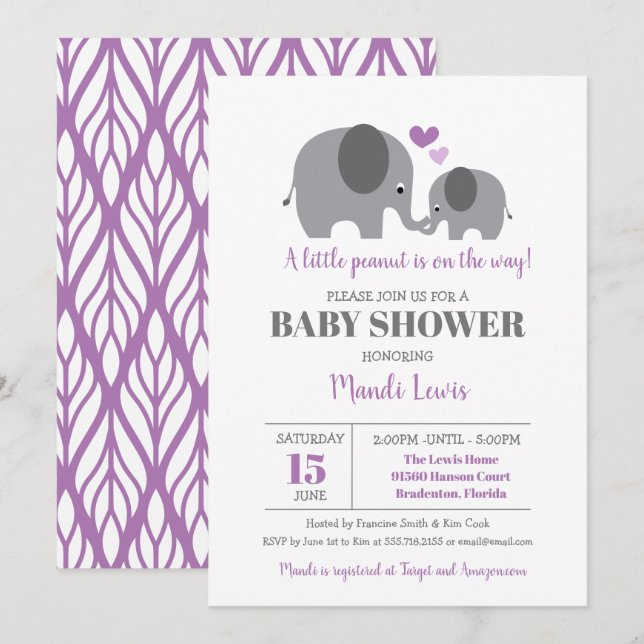 Little Peanut Elephant Purple Girl  Baby Shower Invitation (Front/Back)