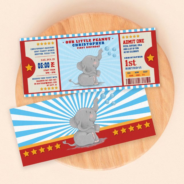 Little peanut elephant Ticket First Birthday Invitation (Creator Uploaded)