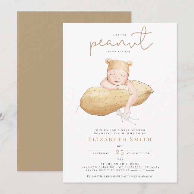 Little Peanut Gender Neutral Watercolor Baby Showe Invitation (Front/Back)