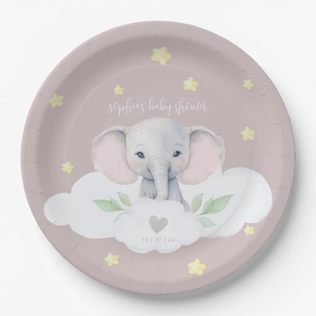 Little Peanut Girl Baby Shower Pink Elephant Paper Plate (Front)