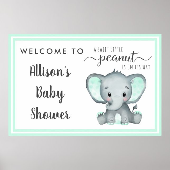 Little Peanut Mint Elephant Baby Shower Welcome Poster (Front)