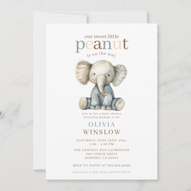 Little Peanut On The Way Elephant Baby Shower Invitation (Front)