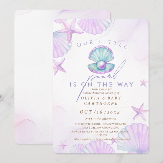  Little Pearl Baby Shower Ocean Watercolor Invitation (Front/Back)
