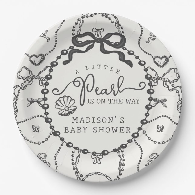 Little Pearl Black Coquette Bow Baby Shower Plate (Front)