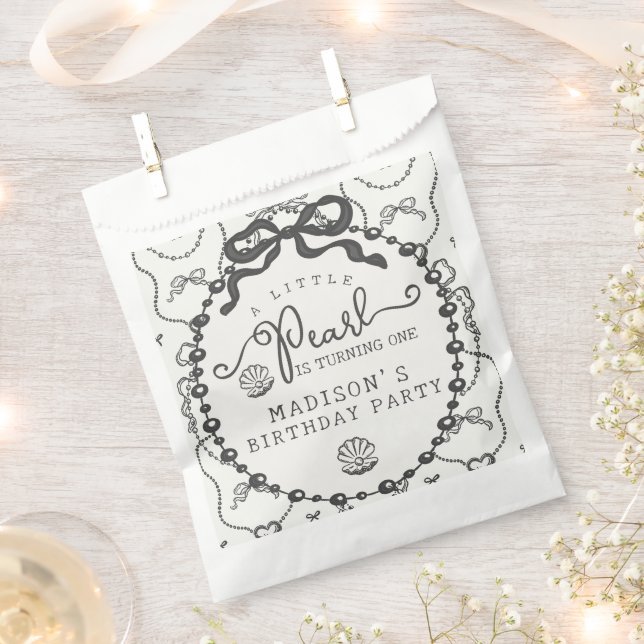 Little Pearl Black Coquette Bow Birthday Party Favour Bags (Clipped)