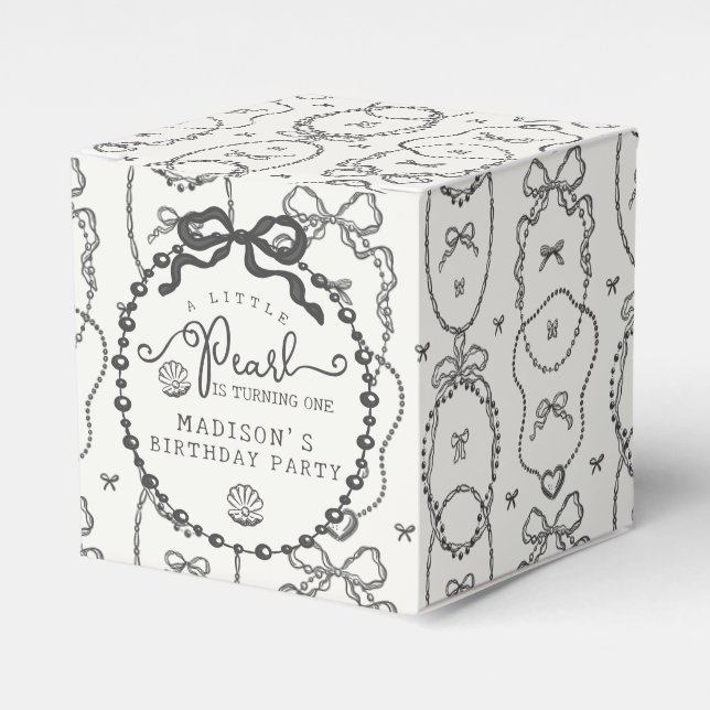 Little Pearl Black Coquette Bow Birthday Party Favour Box (Front Side)