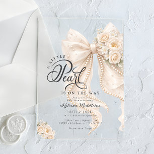 Little Pearl Bow Floral Baby Shower Acrylic Invitations