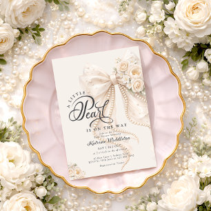 Little Pearl Bow Floral Baby Shower Invitation